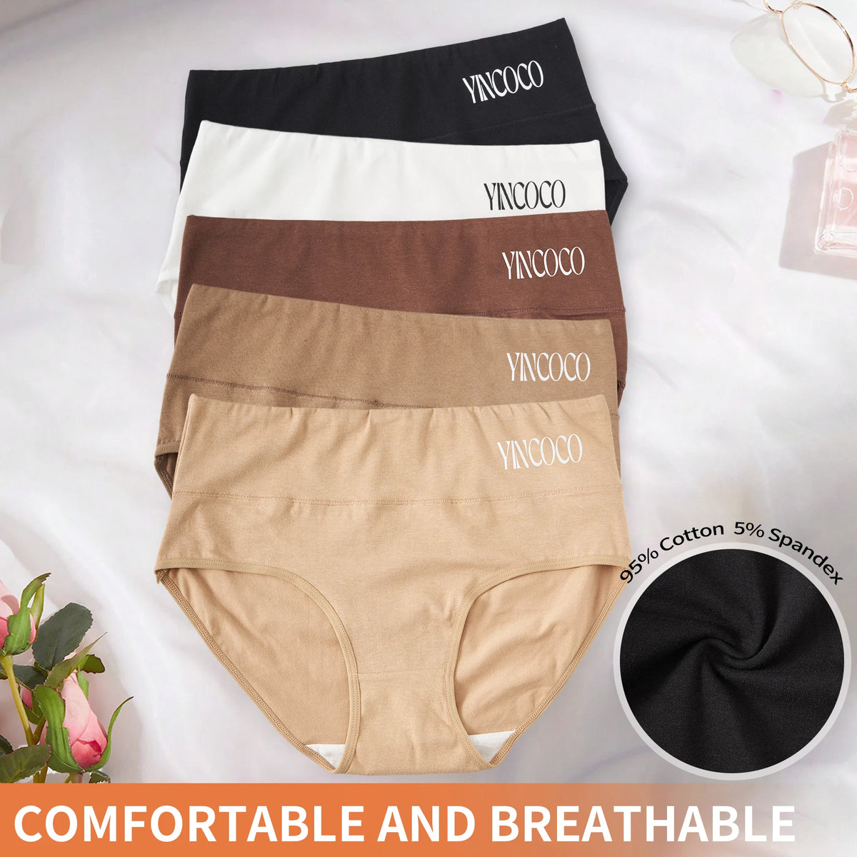 5PCS Women's High Waist Cotton Briefs Solid Color Letter Print Panties Elastic Breathable Comfortable Ladies Daily Underwear