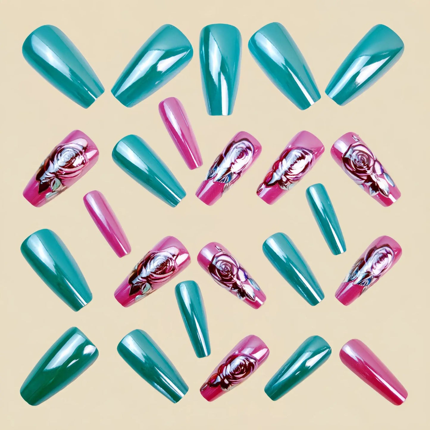 Short Medium fake nails for women girls green purple golden colors flowers leaf design glossy square ballet shape press on nails