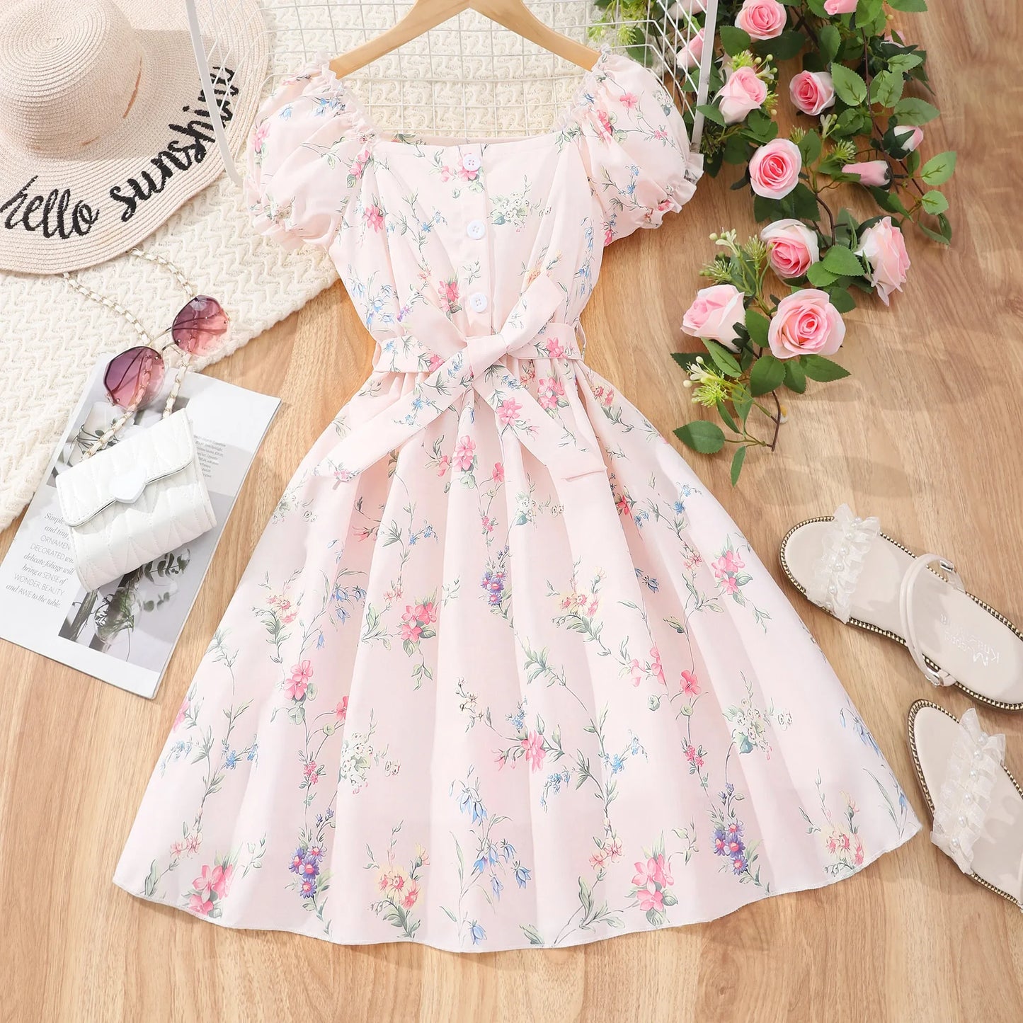 New Children Dress Teen Girl Clothes 8 9 10 11 12 Years Old Summer Flower Pink Short Sleeve Birthday Party Kids Princess Dresses