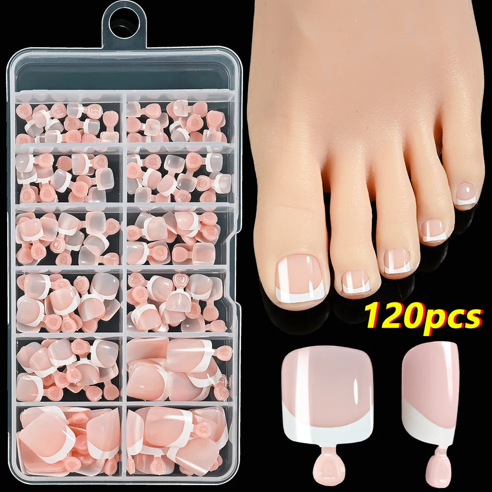 120/100Pcs French White Edge False Toe Nails Acrylic Short Square Full Cover Fake Toenails Summer Wearable Press on Toenails
