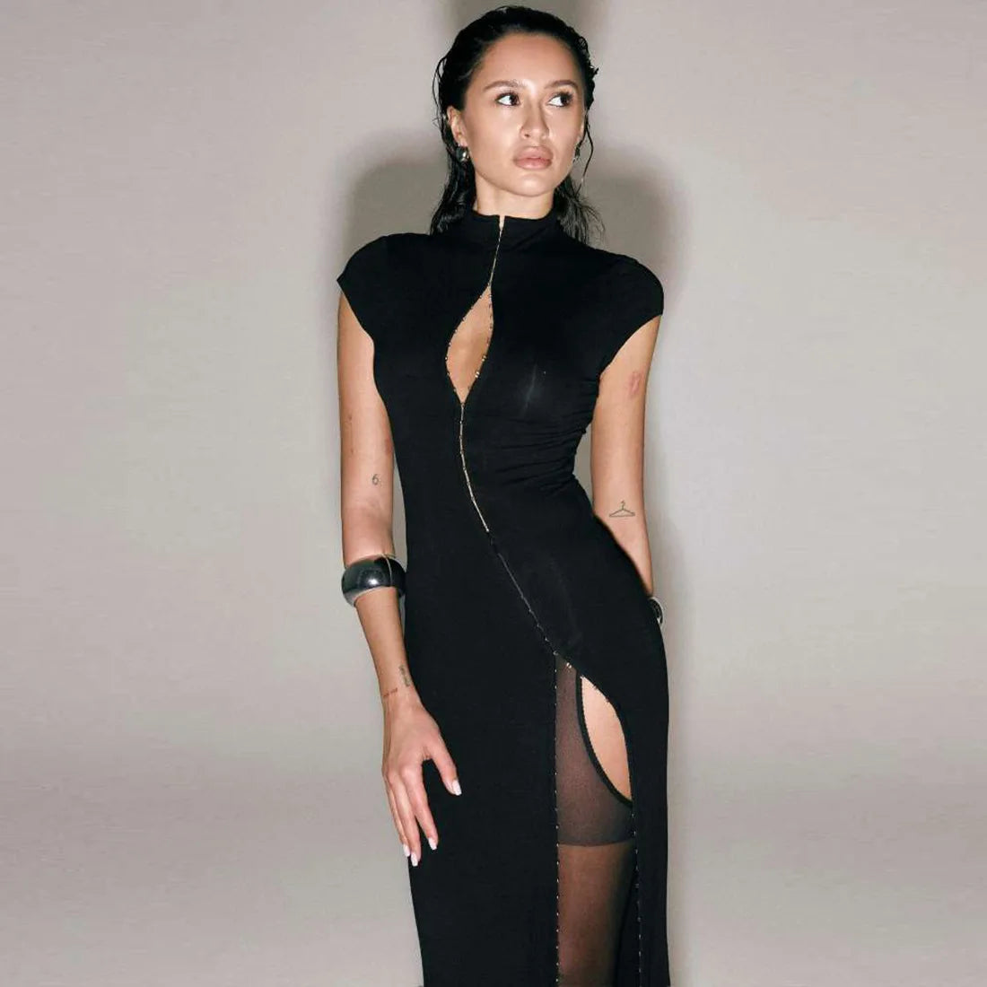 Women's Black Evening Dress Hollow Out A-line Maxi Dress Fashion High Neck Short Sleeve Slim High Split Dresses Sexy Party Gowns