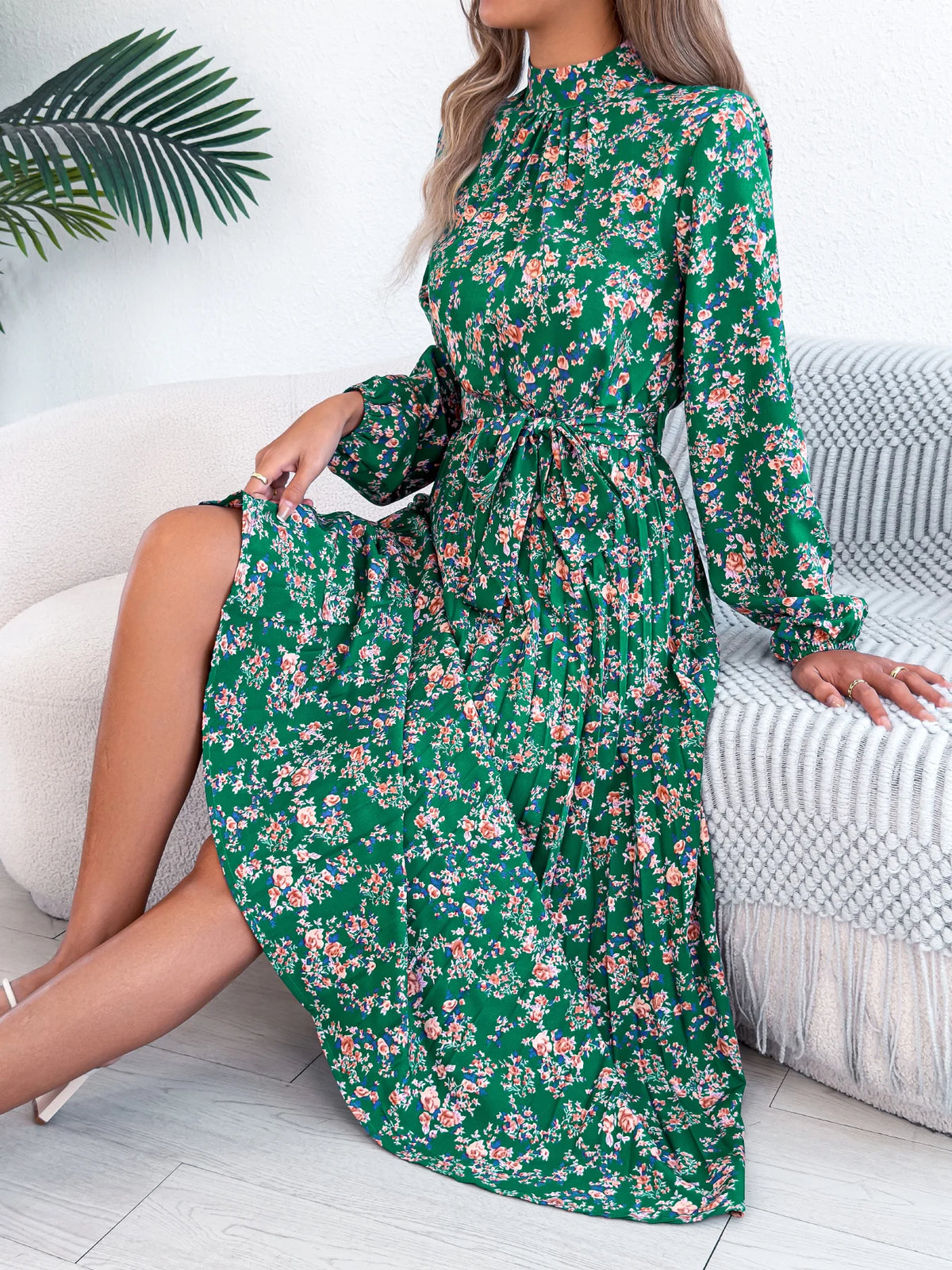 Floral Stand Up Collar Bridesmaid Dress 2026 Spring Autumn Elegant Long Sleeve Waist Cinching Pleated Dresses Woman Clothing