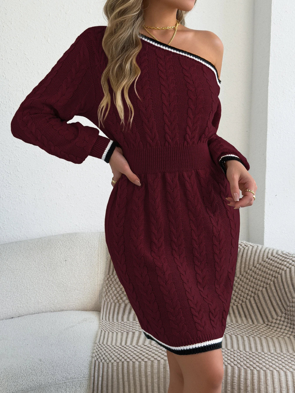 Elegant Women Sweater Dresses for Autumn Winter Casual Off Shoulder Long Sleeve Stripe Waist Cinching Twist Knit Bodycon Dress
