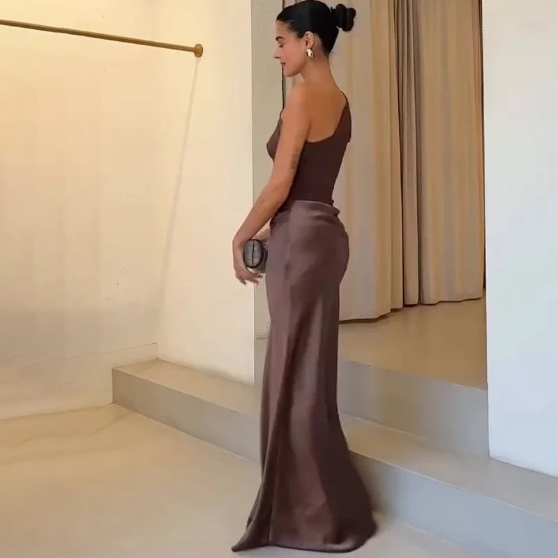 Elegant One-Shoulder Patchwork Satin Party Dress for Women Irregular Neck Slim Sleeveless Dresses Female Evening Gowns Clubwear