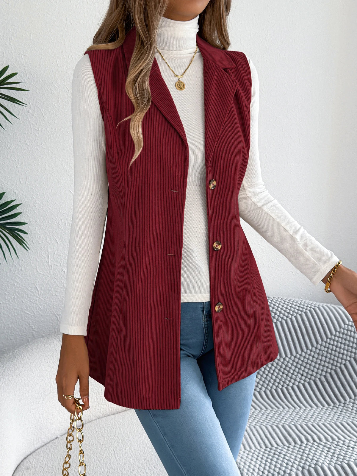 Autumn Winter Corduroy Coat Women 2026 Casual Solid Color Single Breasted Lapel Sleeveless Jacket Khaki Red Black Woman Clothing