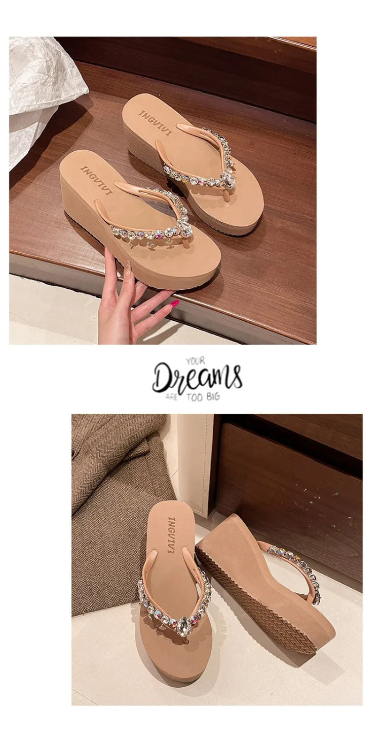 2025 Summer New High-heeled Flip Flops Women's Rhinestone Chain Pendant Thick Bottom Fashionable Clip on Sandals Beach Slippers