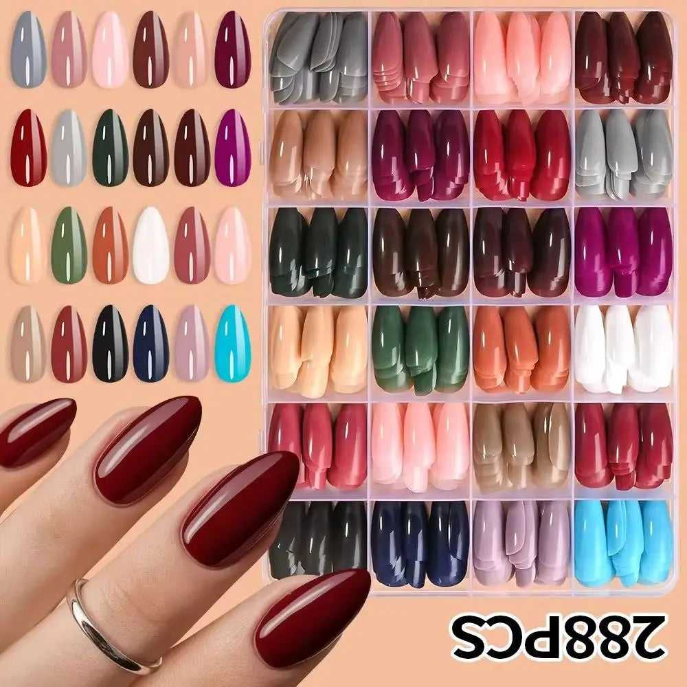 288Pcs Mixed Color Medium Almond False Nails Acrylic Full Cover Fake Nails for Women Wearable Press on Nails DIY Nail Extension