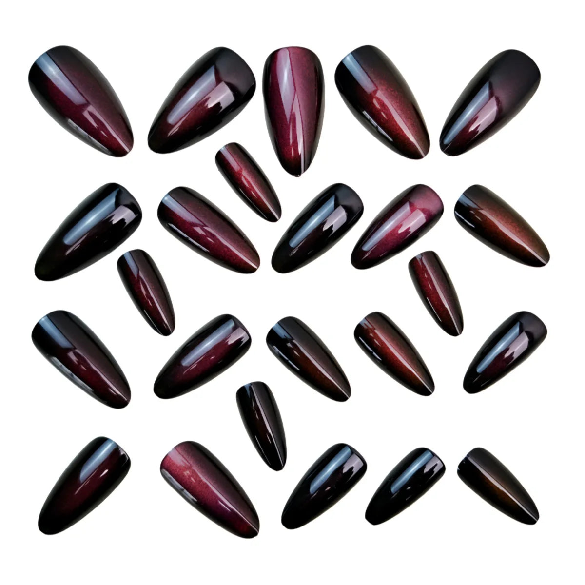 Medium fake nails for women girls wine red black glossy shimmer cat eyes Almond nail tips full cover press on acrylic false nail