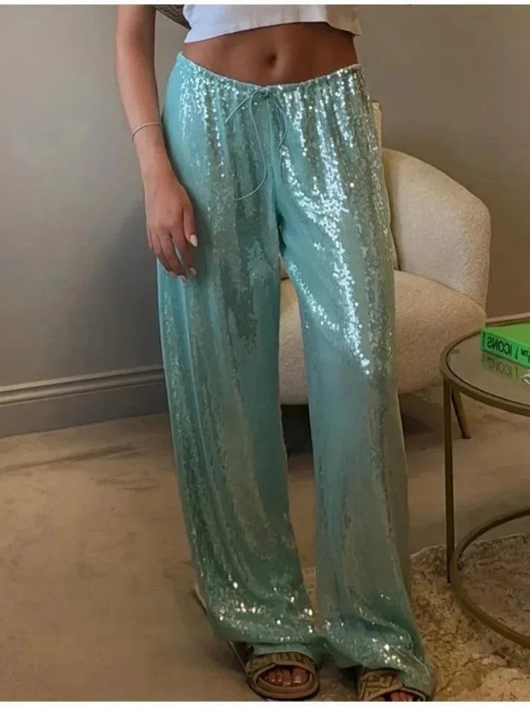 Summer Vacation Y2k Women's Sequined Pants Lady Chic High-Waist Lace Up Loose Fit Straight Mop Trouser Female Casual Streetwear