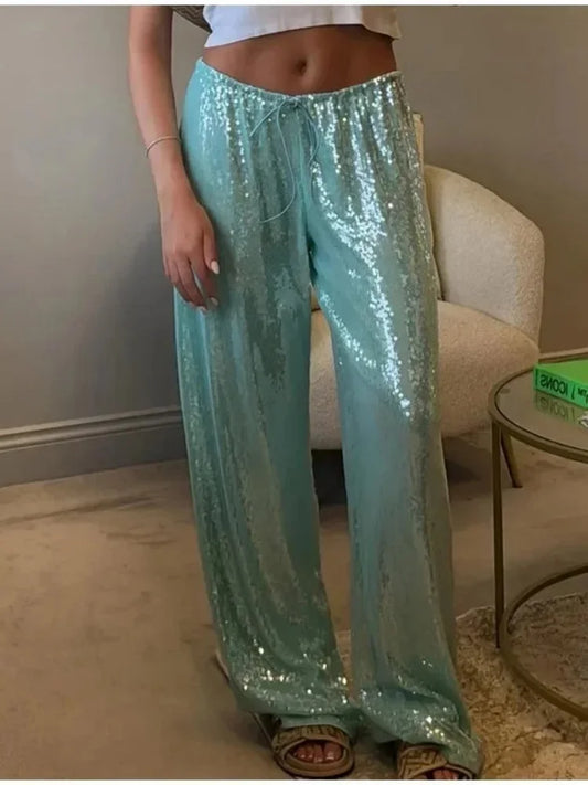 Summer Vacation Y2k Women's Sequined Pants Lady Chic High-Waist Lace Up Loose Fit Straight Mop Trouser Female Casual Streetwear