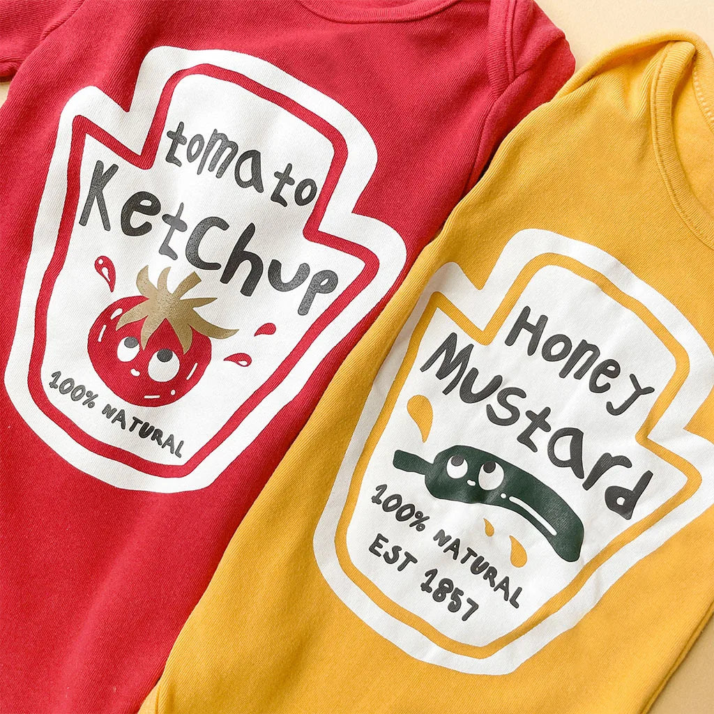 Infant Newborn Romper  Sauce Onesie with Hat Baby Bodysuit Cosplay Baby Twins Red Tomato Ketchup and Yellow Mustard Costume 0-2T