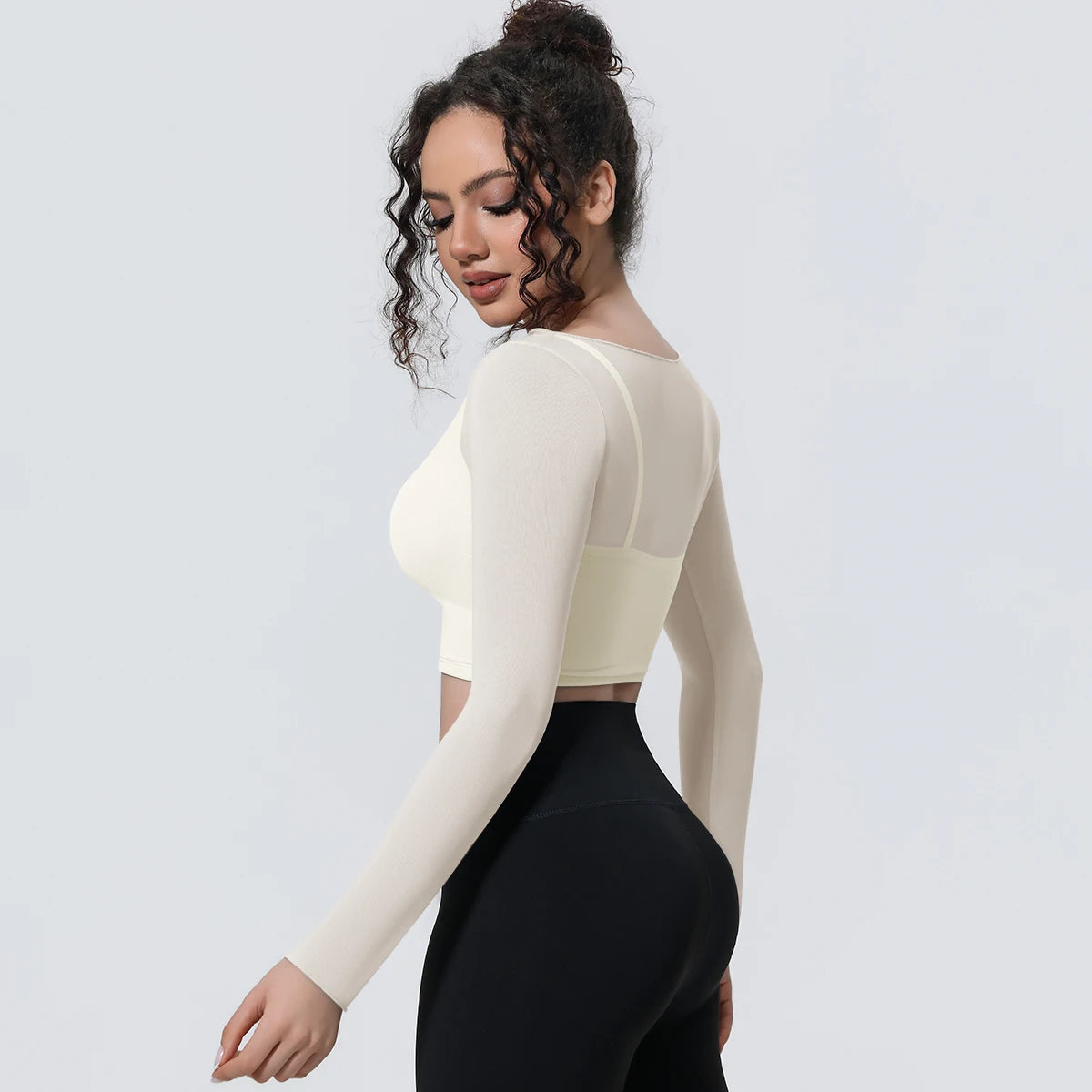 Woman Sports Yoga Long Sleeves Workout Top Solid Color False Two-piece Mesh Running Shirts with Chest Pad Summer Long Sleeves