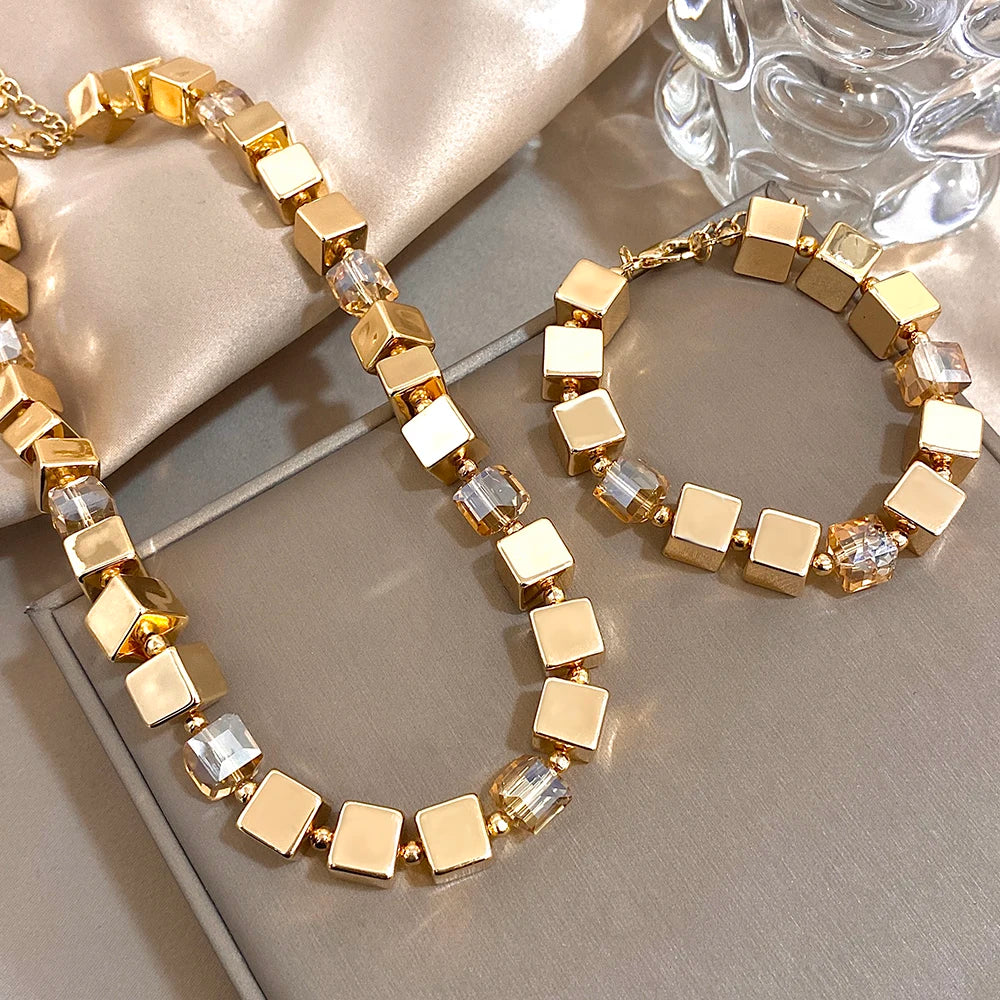 Women's Set Jewelry New Design CCB Gold Color Geometry Cube Square Shape Thick Chain Necklace Bracelet Fashion Jewelry Gift ﻿