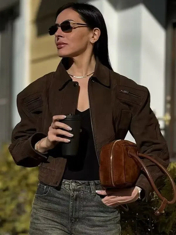 Vintage Women Leather Jacket 2026 New Autumn Winter Solid Zipper Lapel Collar Short Coat Long Sleeve Pockets Fashion Outerwear