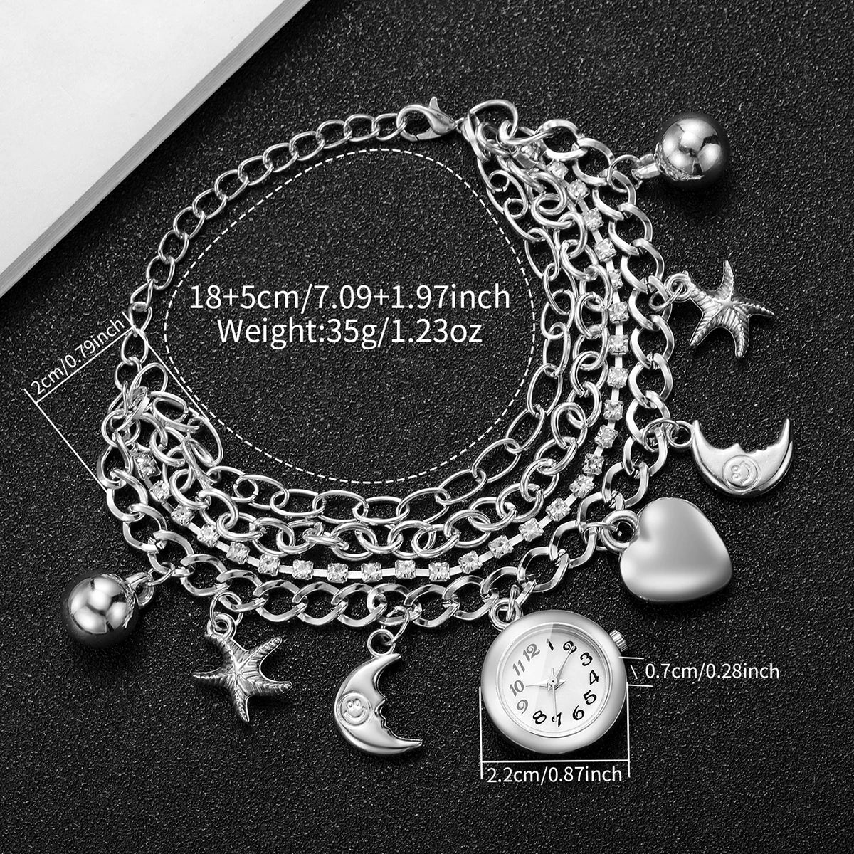 Luxury Women Silver Quartz Watch Moon Heart Charm Rhinestone Multi‑Layer Bracelets Ladies Watches Relogio Feminino（Without Box）