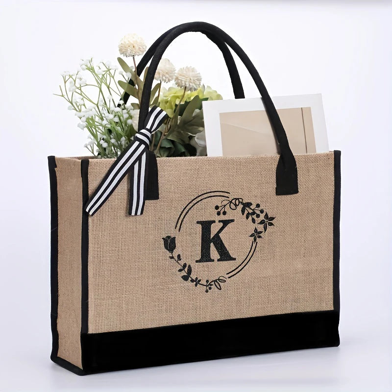 Personalized alphabet printed single shoulder linen men's bag large capacity handbag open handle handbag handbag