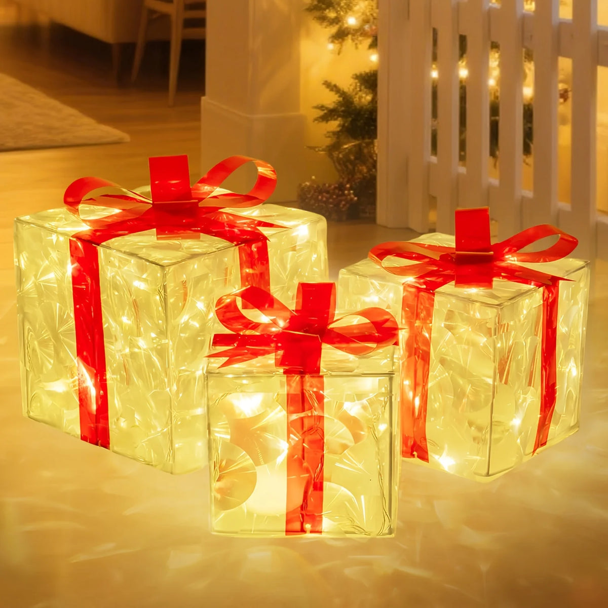 Set of 3 Christmas Lighted Gift Boxes Decorations Presents Boxes Christma Ornaments for Xmas Tree Yard Home Indoor Outdoor