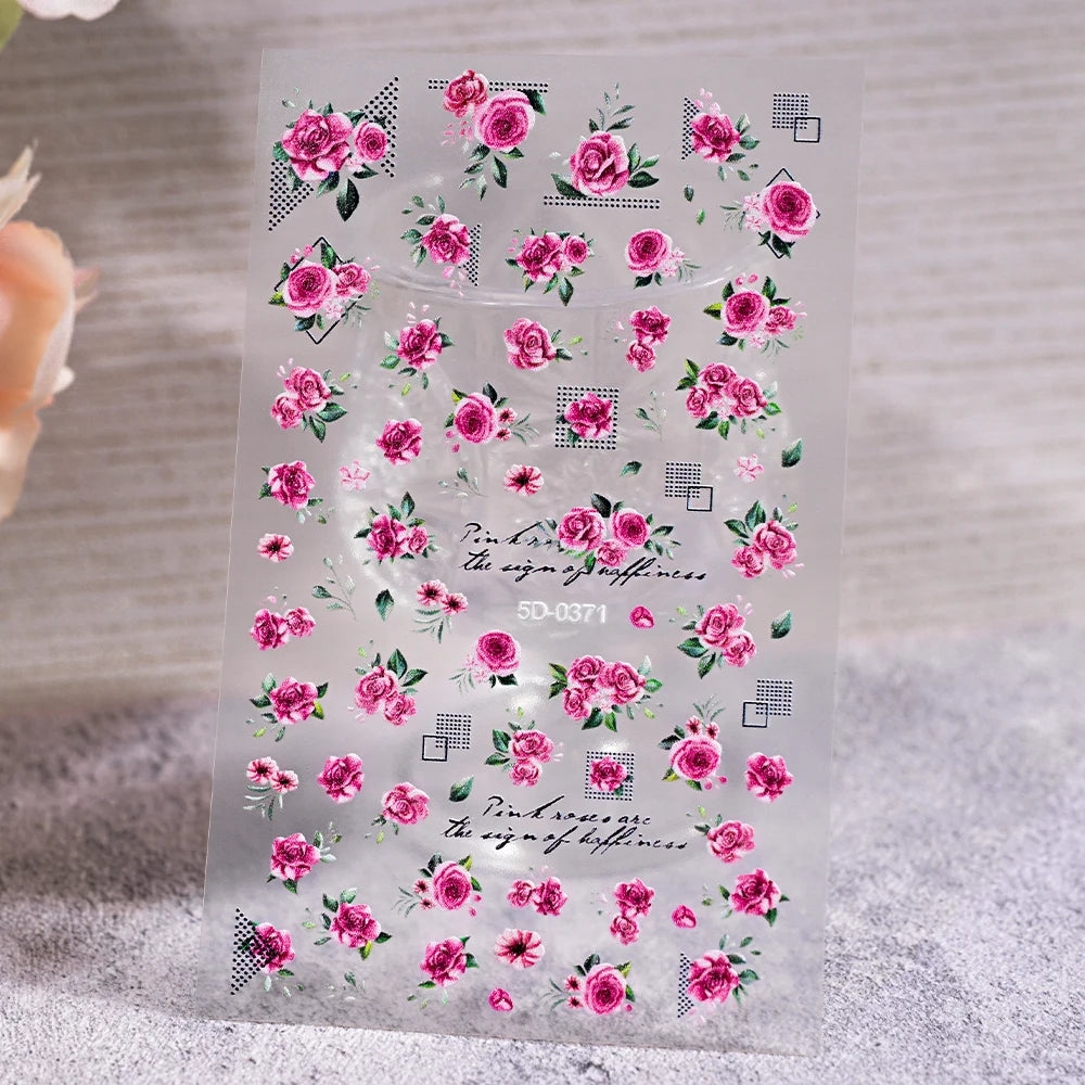 1Pc 5D Embossed Lavender Flower Nail Sticker Spring Floral Leaves Self-Adhesive Sliders Rose Heart Decals Manicure Decoration