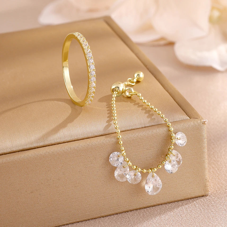 ZAKOL 2pcs/set Minimalist Fashion Zirconia Water Drop Crystal Pendant Ring Women's Daily Wear Exquisite Finger Jewelry