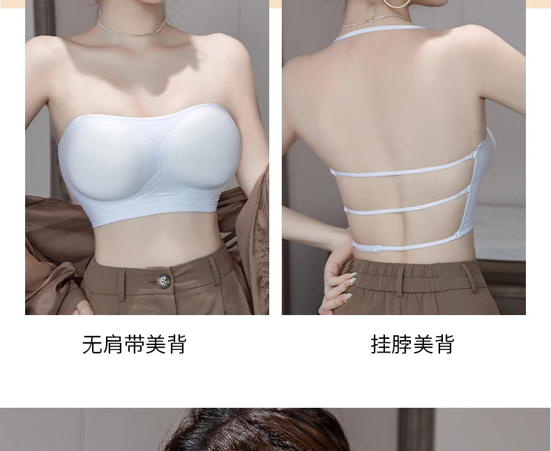MOYISU Backless Halter Bra with Pads Cross Straps for Small Boobs, Volumizing Push Up Bralette, Strapless Plunge Dress Underwear