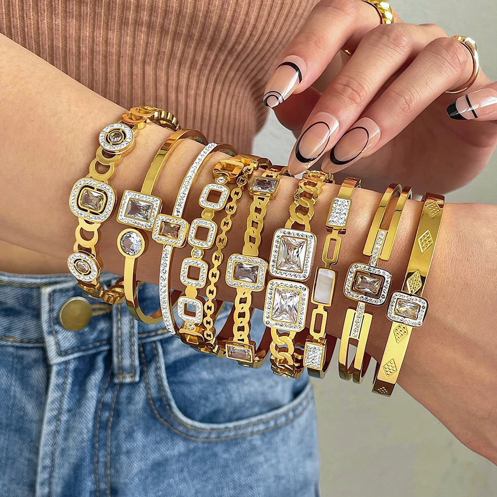 Flashbuy New Design Cubic Zircon Stainless Steel Bangles Bracelets for Women Geometric Gold Color Waterproof Fashion Jewelry