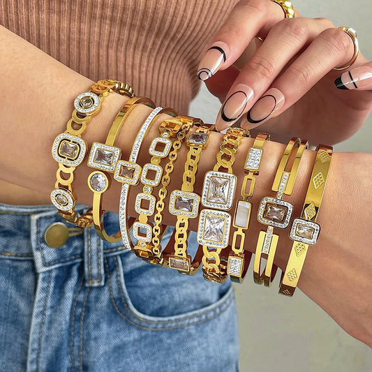Flashbuy New Design Cubic Zircon Stainless Steel Bangles Bracelets for Women Geometric Gold Color Waterproof Fashion Jewelry