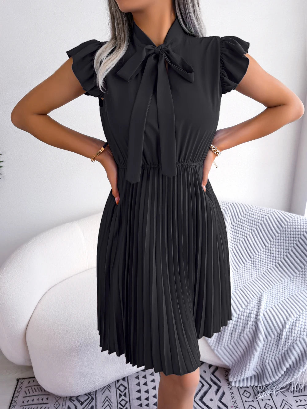Elegant Bow Tie Pleated Dress 2026 Women Summer Solid Color Ruffles Short Sleeve Mini Dress Green Red Black Blue Woman Clothing