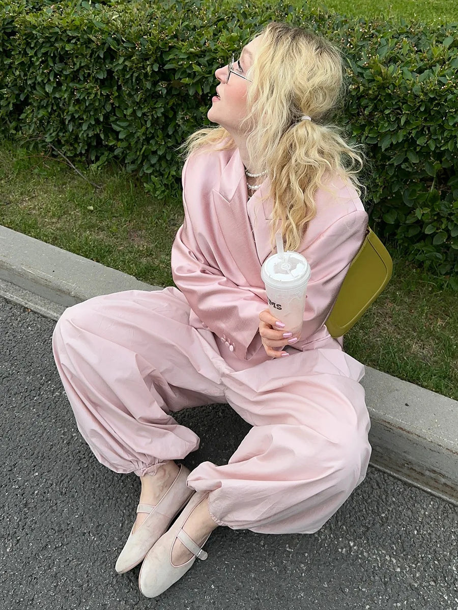 Y2k Fashion Pocket Bloomers Female Trousers Wide Leg Women Pants Pleated Loose High Waist Patchwork Bandage Streetwear