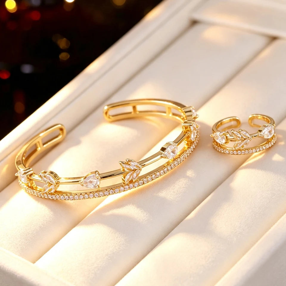 ZAKOL Women Fashion CZ Flower Leaf Open Cuff Bracelet Ring Set Cubic Zirconia Adjustable Bangle Ring Wedding Party Jewelry Set