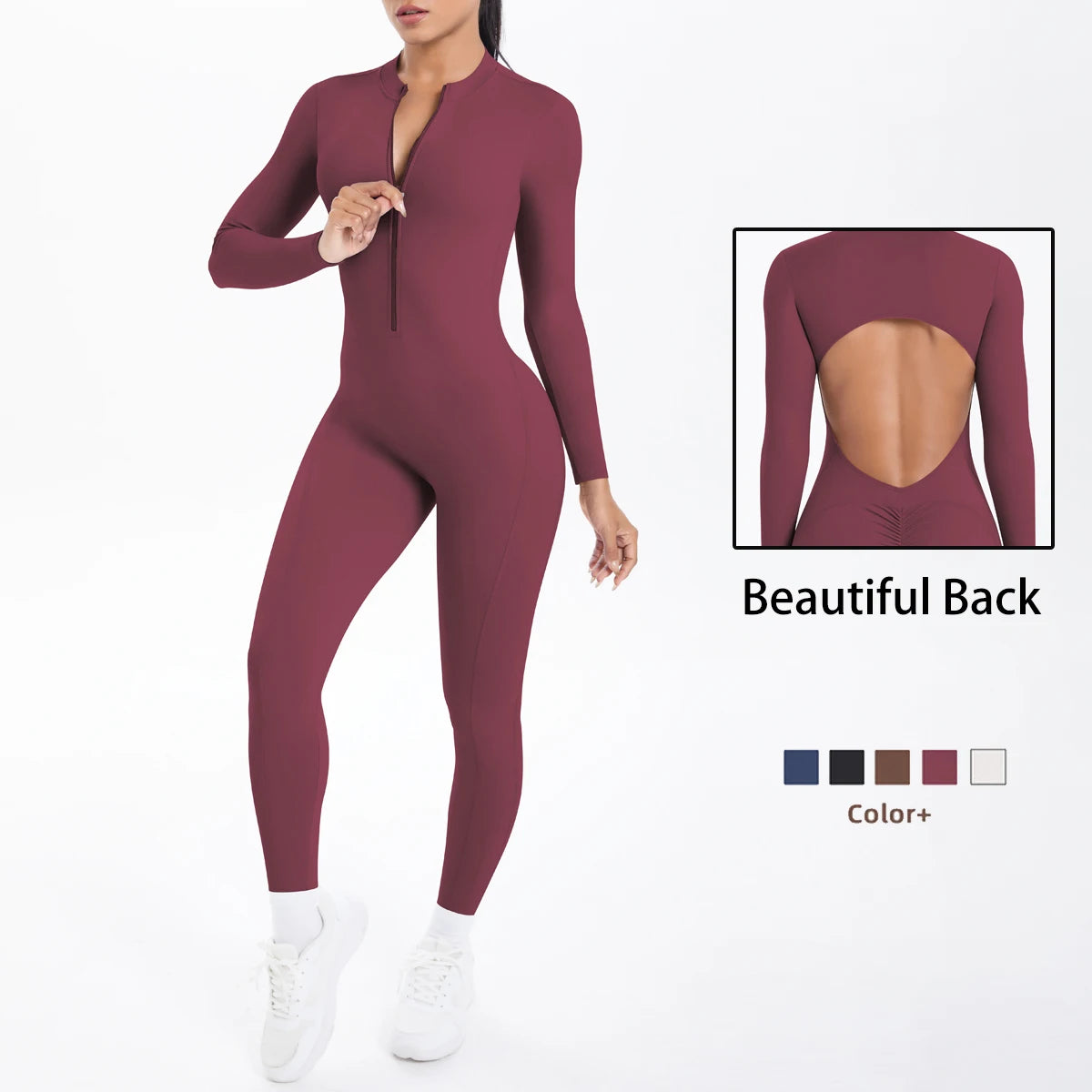 Solid Color Backless Yoga Bodysuits Women's Sportswear Stretch Bodysuit For Women Long Sleeves Jumpsuits Push Up Half Zipper Set