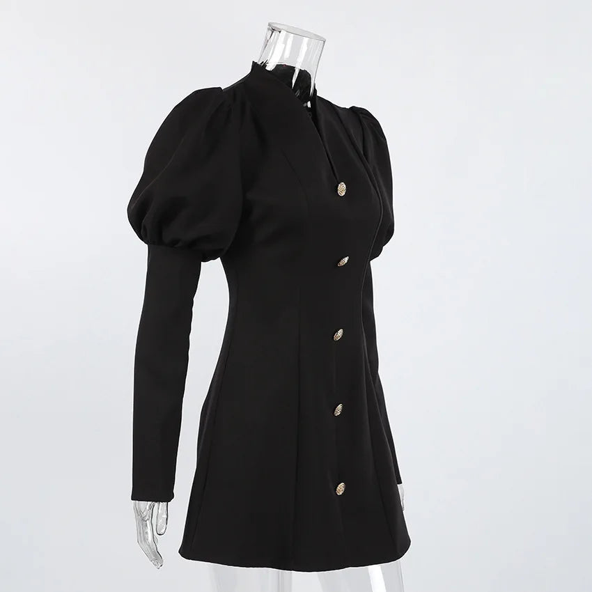 BKLD Hepburn Style Black A-Line Short Dresses Fashion Women's Clothing New V-Neck Puff Sleeve Single-Breasted Party Dress