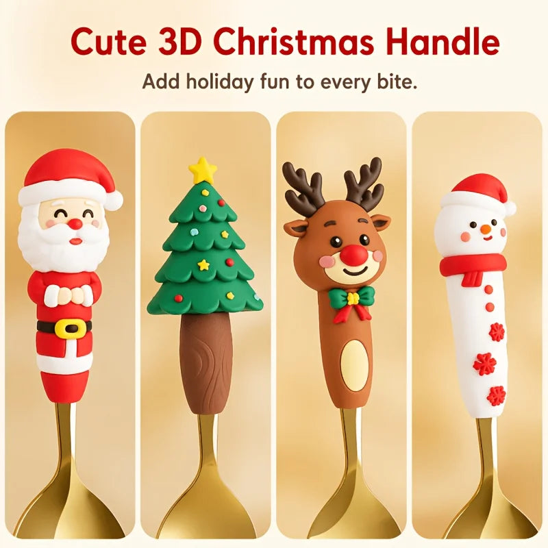6Pcs Festive Christmas Spoon Fork Set with Gift Box,Golden Stainless Steel Coffee Tea Dessert Cutlery,Christmas Gift for Holiday