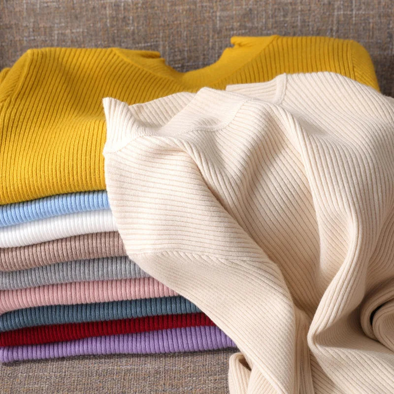 Women's Elegant Knitted Pullover Sweater Vintage Half High Neck Solid Tops Casual Slim Fit Sweaters Autumn Winter Basic Knitwear