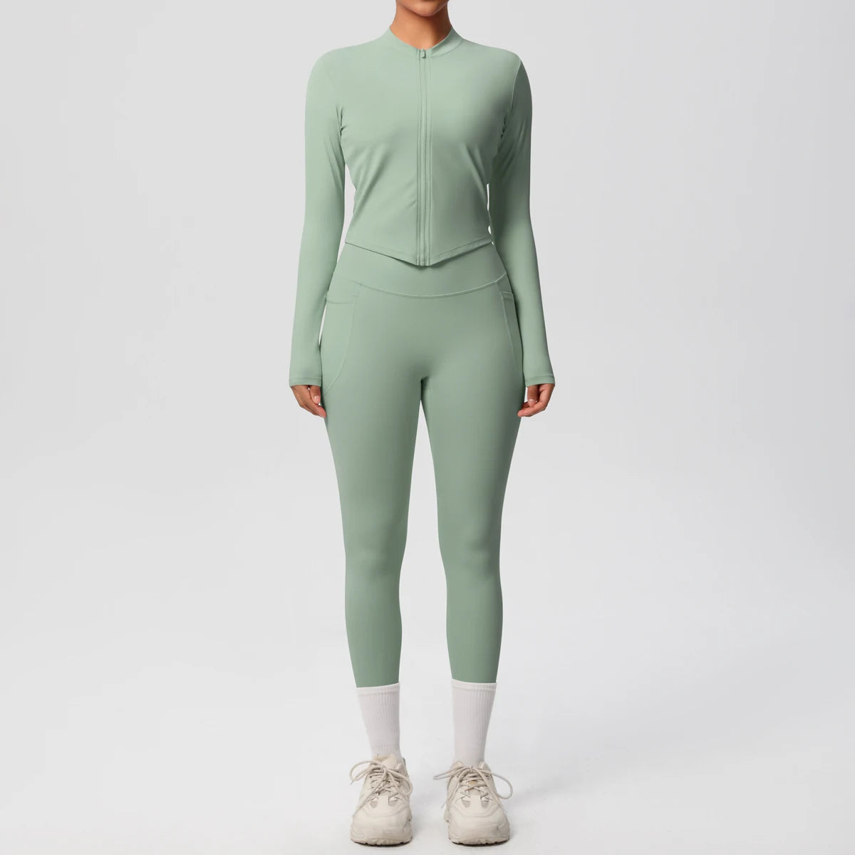 2PCS Yoga Suit Women Gym Set Leggings With Pocketed Women Tracksuit Running Zipper Workout Sportswear Long Sleeve Sports Shirt
