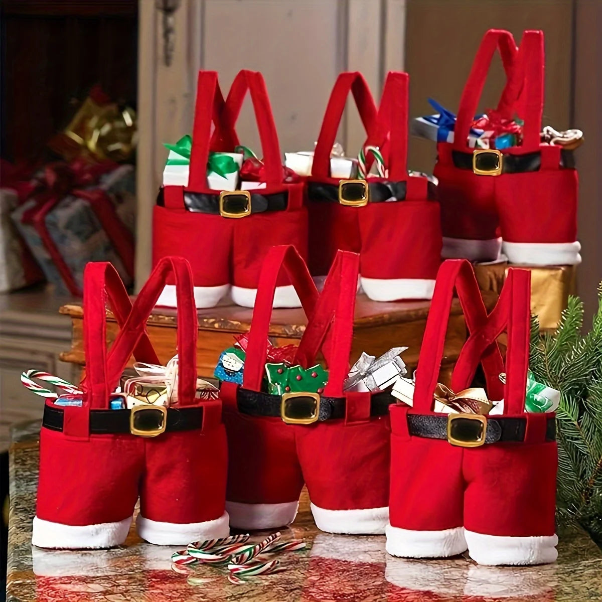 6pcs Festive Red Santa Pants Style Candy Bags, Christmas Reindeer Gift Pouches, Small Size, for New Year & Holiday Gift Wrapping