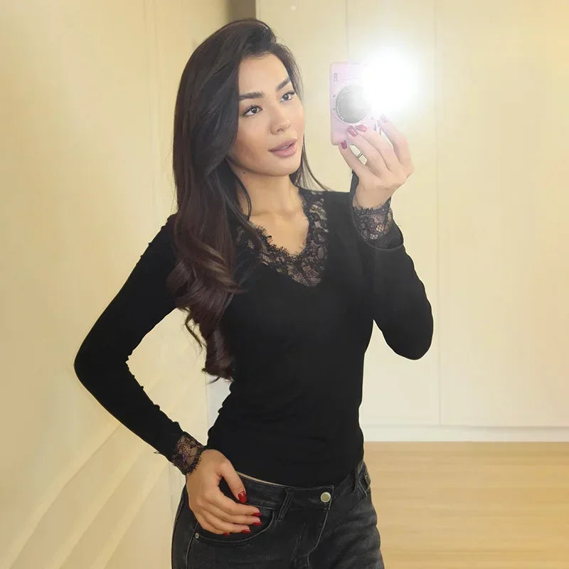 Women Lace Patchwork V Neck Long Sleeve T Shirt Ribbed Slim Fit Basic Undershirt Elegant Lace Trim Cuff Stretch Base Layer Tops