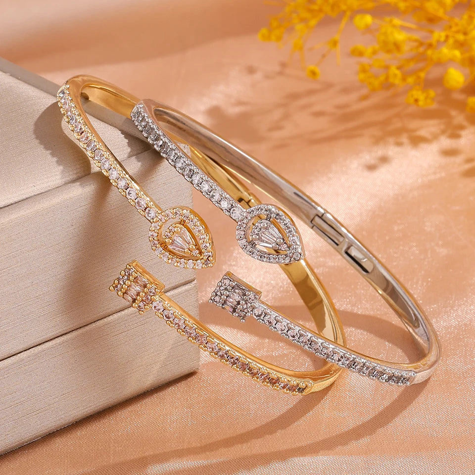 ZAKOL Classic Geometric Water Drop Square Zircon Adjustable Open Bracelets Shiny CZ Cuff Bangle Wedding Party Jewelry Gift