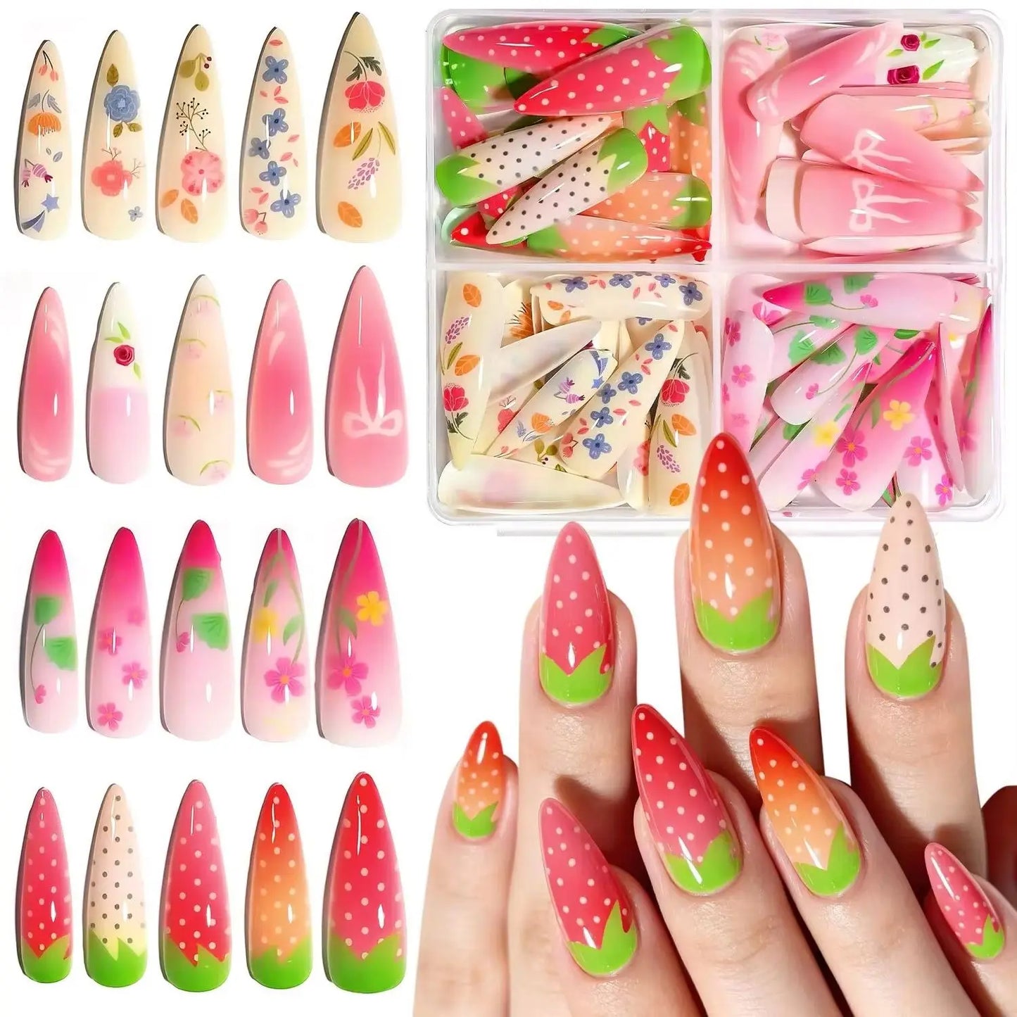 96pcs Gradient Pink Strawberry Design Long Almond False Nails Full Cover Fake Nails Tips Extension Floral Bow Press on Nails