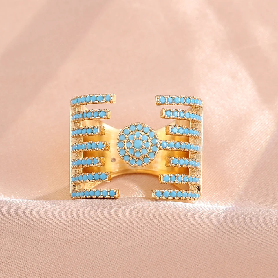 ZAKOL 1pcs Niche Design Blue Turquoise Zirconia Open Rings for Women Creative Luxury Wide Finger Ring Jewelry Gift