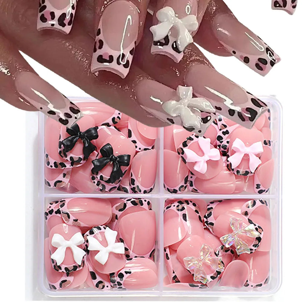 96Pcs/box Pink Leopard Print Short Square False Nails 3D Bowknot Acrylic Full Cover French Fake Nails Wearable Press On Nails