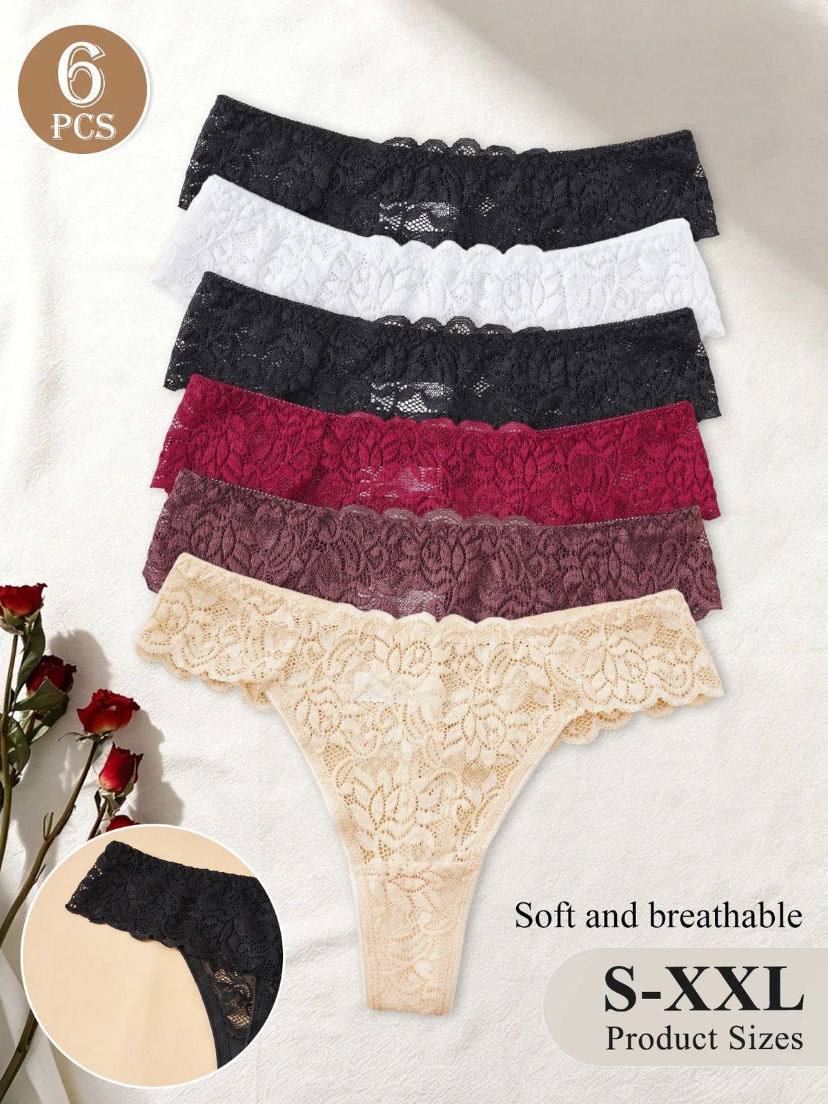 6-Pack Women's Sexy Semi-Sheer Lace Thong Soft Stretchy Low Waist Tanga Panties Floral Lace Breathable Daily Underpants S to XXL
