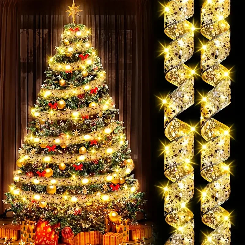 1pc Christmas Gilding Double Ribbon Christmas Ribbon LED String Lights Christmas Decorations Party Decorations Christmas Pendant