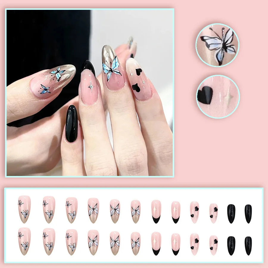 Medium fake nails for women girl green flrora blue black butterfly heart design Almond nail tips full cover press on false nail