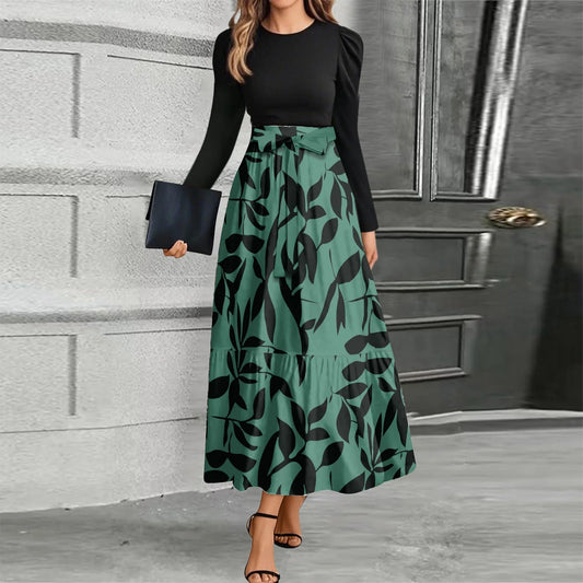 Printed High-Waist Long Sleeve Maxi Dress – O-Neck 2026