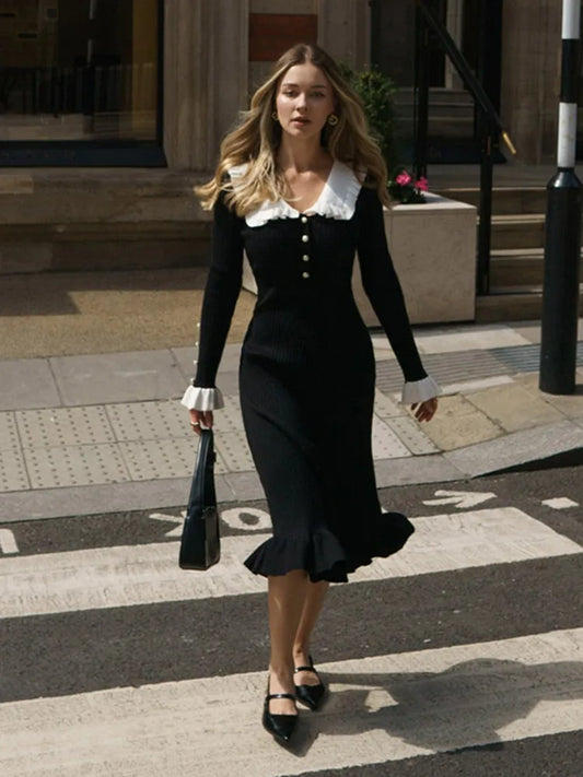 BKLD Fashion Ruffles Patchowrk Knitted Dress Women Autumn And Winter New 2026 Vintage Lady French Style Dress Party Clubwear