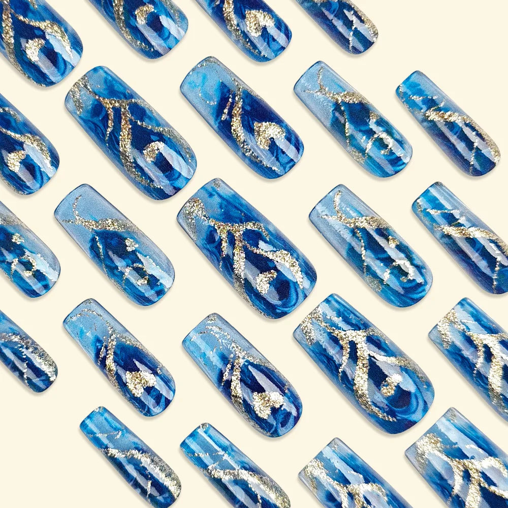 24pcs/set Medium long fake nails yellow dragon flowers feather design for Spring summer Square almond tips press on false nail