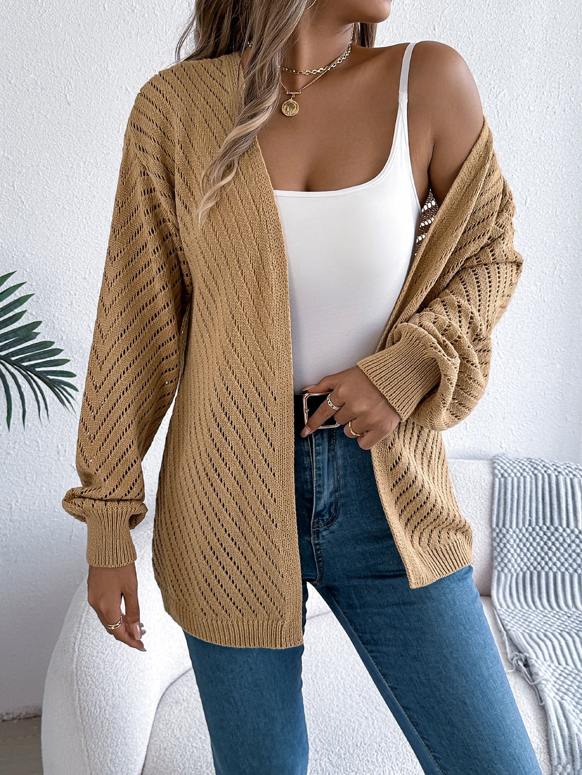 Women Solid Color Knitted Cardigan Sweaters 2026 Autumn Winter Casual Hollow Out Lantern Long Sleeve Coats Khaki White Black