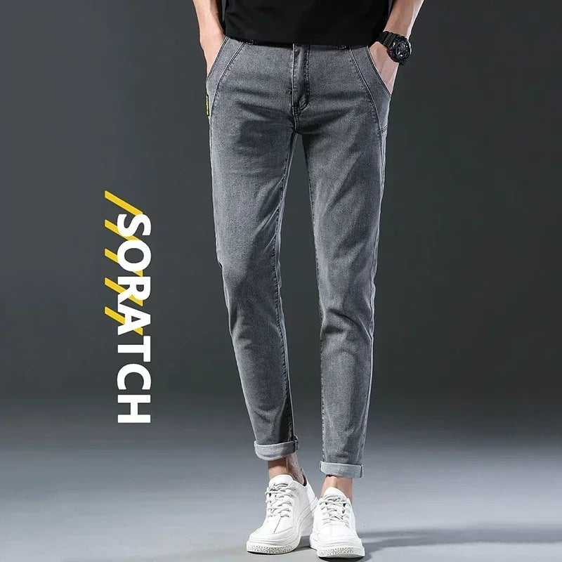 New Men Fashion Casual Business Denim Pants Male Slim Fit Straight Leg Trousers Stretch Solid Pants Size 27-38