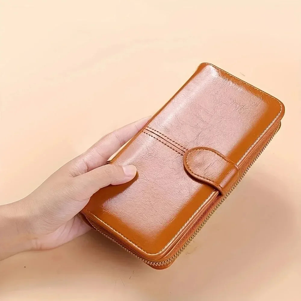 Vintage Oil Wax PU Leather Clutch Wallet for Women Large Capacity Phone Purse with Wrist Strap Simple Card Holder Pouch Bag