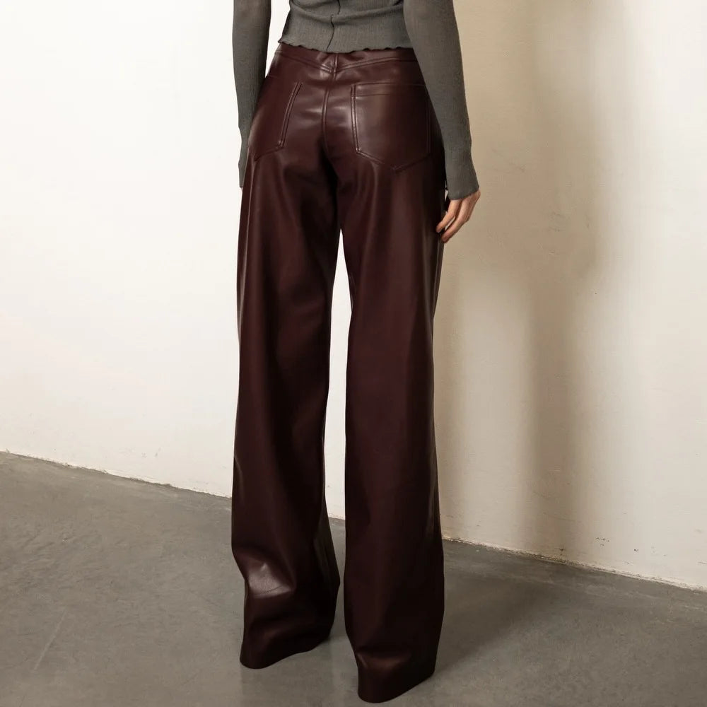 Vintage Ultra-soft PU Leather Pants High Waist Wide Leg Drape Straight-leg Slim Fit Pants 2026 Autumn Winter Streetwear